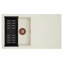 HD Onyx White 86 egymedencés mosogatótálca szett, matt fekete csepegtetőkosárral, csepegtetőtálcával, tört fehér színben, szálcsiszolt réz leeresztő szifonnal