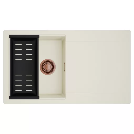 HD Onyx White 86 egymedencés mosogatótálca szett, matt fekete csepegtetőkosárral, csepegtetőtálcával, tört fehér színben, szálcsiszolt réz leeresztő szifonnal