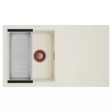 HD Onyx White 86 egymedencés mosogatótálca szett, acél csepegtetőkosárral, csepegtetőtálcával, tört fehér színben, szálcsiszolt réz leeresztő szifonnal