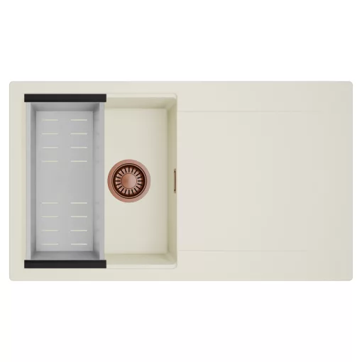 HD Onyx White 86 egymedencés mosogatótálca szett, acél csepegtetőkosárral, csepegtetőtálcával, tört fehér színben, szálcsiszolt réz leeresztő szifonnal