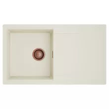 HD Onyx White 86 egymedencés mosogatótálca, csepegtetőtálcával, tört fehér színben, szálcsiszolt réz leeresztő szifonnal