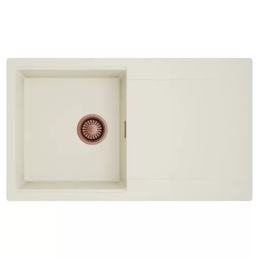 HD Onyx White 86 egymedencés mosogatótálca, csepegtetőtálcával, tört fehér színben, szálcsiszolt réz leeresztő szifonnal