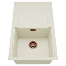 HD Onyx White 86 egymedencés mosogatótálca, csepegtetőtálcával, tört fehér színben, szálcsiszolt réz leeresztő szifonnal