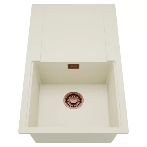 HD Onyx White 86 egymedencés mosogatótálca, csepegtetőtálcával, tört fehér színben, szálcsiszolt réz leeresztő szifonnal