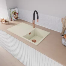 HD Onyx White 86 egymedencés mosogatótálca, csepegtetőtálcával, tört fehér színben, szálcsiszolt réz leeresztő szifonnal