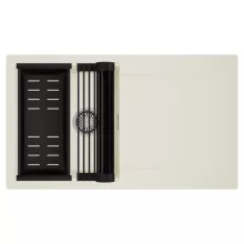 HD Onyx White 86 egymedencés mosogatótálca szett, matt fekete csepegtetőráccsal és kosárral, csepegtetőtálcával, tört fehér színben