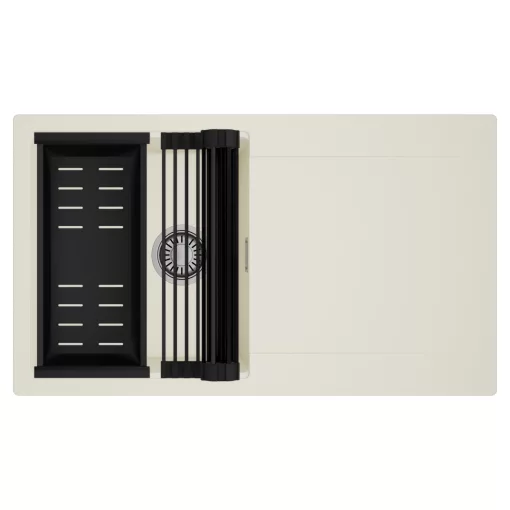 HD Onyx White 86 egymedencés mosogatótálca szett, matt fekete csepegtetőráccsal és kosárral, csepegtetőtálcával, tört fehér színben