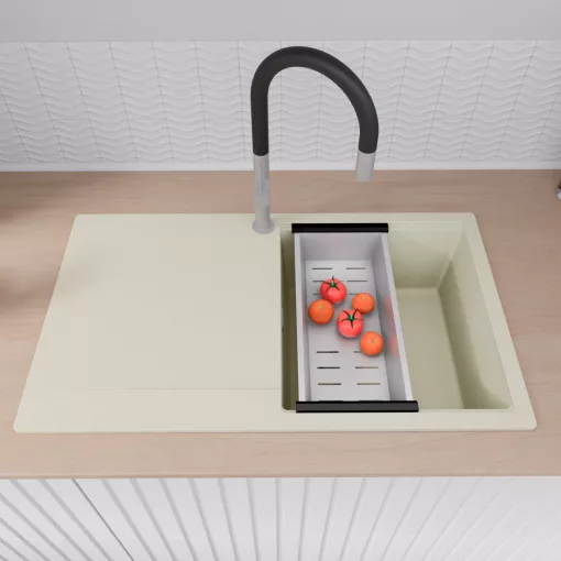 HD Onyx White 86 egymedencés mosogatótálca szett, matt fekete csepegtetőráccsal és krómozott kosárral, csepegtetőtálcával, tört fehér színben