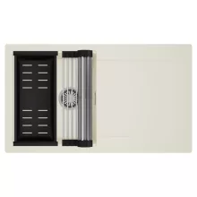 HD Onyx White 86 egymedencés mosogatótálca szett, acél csepegtetőráccsal és matt fekete kosárral, csepegtetőtálcával, tört fehér színben