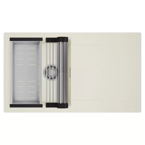 HD Onyx White 86 egymedencés mosogatótálca szett, acél csepegtetőráccsal és kosárral, csepegtetőtálcával, tört fehér színben