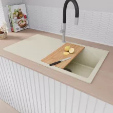 HD Onyx White 86 egymedencés gránit mosogatótálca szett, vágódeszkával, csepegtetőtálcával, vágódeszkával, matt fekete csepegtetőráccsal és kosárral, tört fehér színben