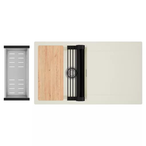 HD Onyx White 86 egymedencés gránit mosogatótálca szett, vágódeszkával, csepegtetőtálcával, vágódeszkával, matt fekete csepegtetőráccsal és krómozott kosárral, tört fehér színben