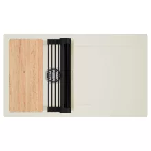 HD Onyx White 86 egymedencés gránit mosogatótálca szett, vágódeszkával, csepegtetőtálcával, vágódeszkával, matt fekete csepegtetőráccsal, tört fehér színben