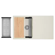 HD Onyx White 86 egymedencés gránit mosogatótálca szett, vágódeszkával, csepegtetőtálcával, vágódeszkával, acél csepegtetőráccsal és kosárral, tört fehér színben