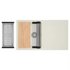   HD Onyx White 86 egymedencés gránit mosogatótálca szett, vágódeszkával, csepegtetőtálcával, vágódeszkával, acél csepegtetőráccsal és kosárral, tört fehér színben