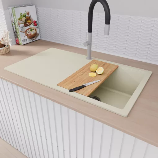 HD Onyx White 86 egymedencés gránit mosogatótálca szett, vágódeszkával, csepegtetőtálcával, vágódeszkával, acél csepegtetőráccsal és kosárral, tört fehér színben