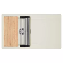 HD Onyx White 86 egymedencés gránit mosogatótálca szett, vágódeszkával, csepegtetőtálcával, vágódeszkával, acél csepegtetőráccsal, tört fehér színben