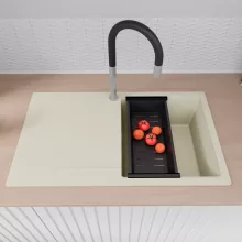 HD Onyx White 86 egymedencés gránit mosogatótálca szett, vágódeszkával, csepegtetőtálcával, vágódeszkával, matt fekete csepegtetőkosárral, tört fehér színben