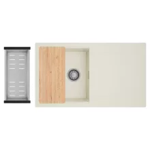 HD Onyx White 86 egymedencés gránit mosogatótálca szett, vágódeszkával, csepegtetőtálcával, vágódeszkával, acél csepegtetőkosárral, tört fehér színben