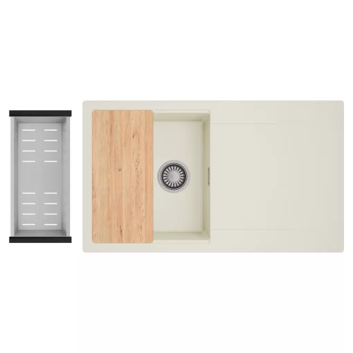 HD Onyx White 86 egymedencés gránit mosogatótálca szett, vágódeszkával, csepegtetőtálcával, vágódeszkával, acél csepegtetőkosárral, tört fehér színben