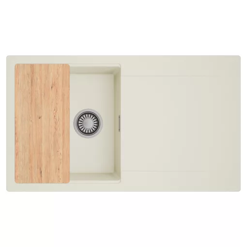 HD Onyx White 86 egymedencés gránit mosogatótálca, vágódeszkával, vágódeszkával, tört fehér színben