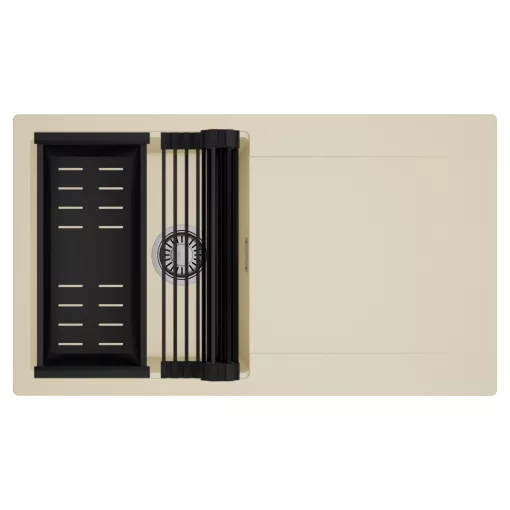 HD Onyx Beige 86 egymedencés mosogatótálca szett, matt fekete csepegtetőráccsal és kosárral, csepegtetőtálcával, soft bézs színben, szálcsiszolt króm leeresztő szifonnal