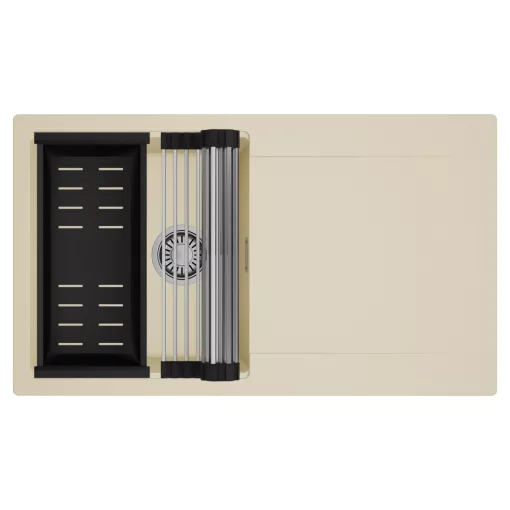 HD Onyx Beige 86 egymedencés mosogatótálca szett, acél csepegtetőráccsal és matt fekete kosárral, csepegtetőtálcával, soft bézs színben, szálcsiszolt króm leeresztő szifonnal