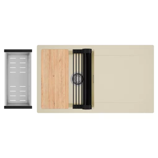 HD Onyx Beige 86 egymedencés gránit mosogatótálca szett, csepegtetőtálcával, vágódeszkával, matt fekete csepegtetőráccsal és krómozott kosárral, soft bézs színben, szálcsiszolt króm leeresztő szifonnal