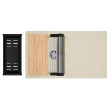 HD Onyx Beige 86 egymedencés gránit mosogatótálca szett, csepegtetőtálcával, vágódeszkával, acél csepegtetőráccsal és matt fekete kosárral, soft bézs színben, szálcsiszolt króm leeresztő szifonnal