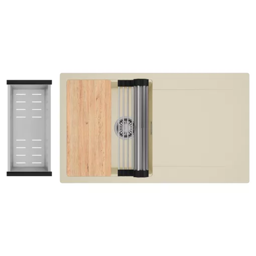 HD Onyx Beige 86 egymedencés gránit mosogatótálca szett, csepegtetőtálcával, vágódeszkával, acél csepegtetőráccsal és kosárral, soft bézs színben, szálcsiszolt króm leeresztő szifonnal