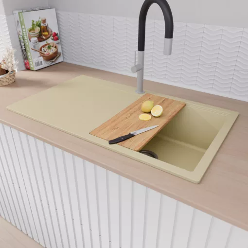 HD Onyx Beige 86 egymedencés gránit mosogatótálca szett, csepegtetőtálcával, vágódeszkával, acél csepegtetőráccsal és kosárral, soft bézs színben, szálcsiszolt króm leeresztő szifonnal