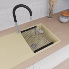 HD Onyx Beige 86 egymedencés gránit mosogatótálca szett, csepegtetőtálcával, vágódeszkával, acél csepegtetőráccsal, soft bézs színben, szálcsiszolt króm leeresztő szifonnal