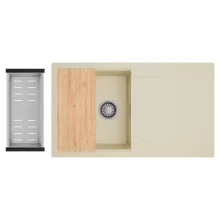 HD Onyx Beige 86 egymedencés gránit mosogatótálca szett, csepegtetőtálcával, vágódeszkával, acél csepegtetőkosárral, soft bézs színben, szálcsiszolt króm leeresztő szifonnal