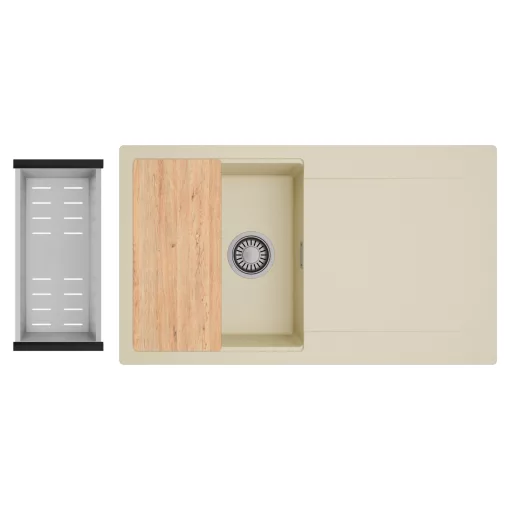 HD Onyx Beige 86 egymedencés gránit mosogatótálca szett, csepegtetőtálcával, vágódeszkával, acél csepegtetőkosárral, soft bézs színben, szálcsiszolt króm leeresztő szifonnal