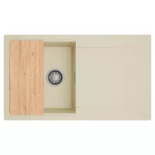 HD Onyx Beige 86 egymedencés gránit mosogatótálca, vágódeszkával, soft bézs színben, szálcsiszolt króm leeresztő szifonnal