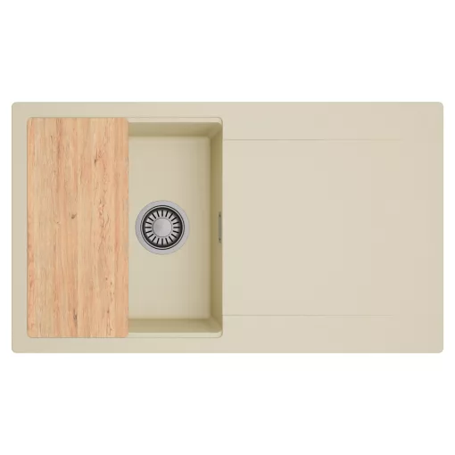 HD Onyx Beige 86 egymedencés gránit mosogatótálca, vágódeszkával, soft bézs színben, szálcsiszolt króm leeresztő szifonnal