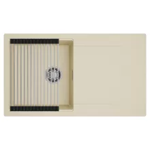 HD Onyx Beige 86 egymedencés mosogatótálca szett, acél csepegtetőráccsal, csepegtetőtálcával, soft bézs színben, szálcsiszolt króm leeresztő szifonnal