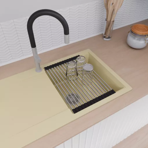 HD Onyx Beige 86 egymedencés mosogatótálca szett, acél csepegtetőráccsal, csepegtetőtálcával, soft bézs színben, szálcsiszolt króm leeresztő szifonnal