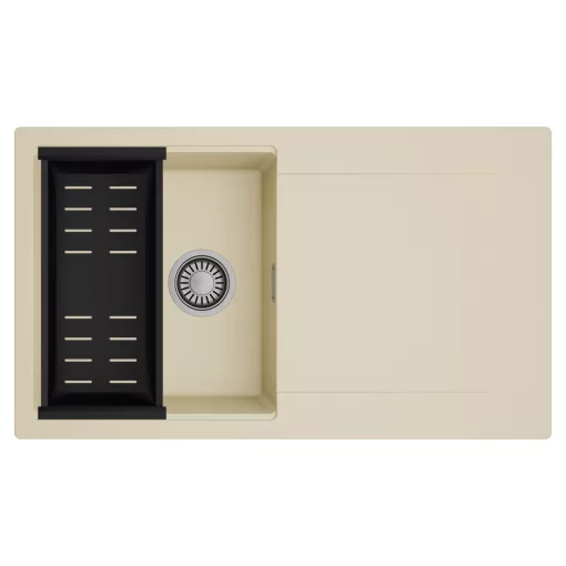 HD Onyx Beige 86 egymedencés mosogatótálca szett, matt fekete csepegtetőkosárral, csepegtetőtálcával, soft bézs színben, szálcsiszolt króm leeresztő szifonnal