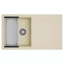 HD Onyx Beige 86 egymedencés mosogatótálca szett, acél csepegtetőkosárral, csepegtetőtálcával, soft bézs színben, szálcsiszolt króm leeresztő szifonnal