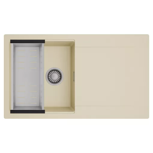 HD Onyx Beige 86 egymedencés mosogatótálca szett, acél csepegtetőkosárral, csepegtetőtálcával, soft bézs színben, szálcsiszolt króm leeresztő szifonnal