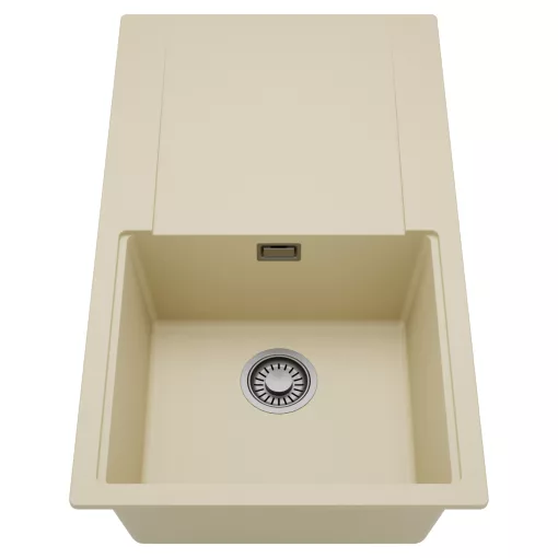 HD Onyx Beige 86 egymedencés mosogatótálca, csepegtetőtálcával, soft bézs színben, szálcsiszolt króm leeresztő szifonnal