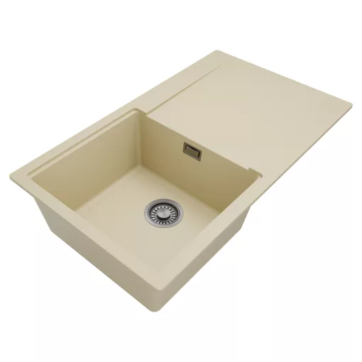 HD Onyx Beige 86 egymedencés mosogatótálca, csepegtetőtálcával, soft bézs színben, szálcsiszolt króm leeresztő szifonnal