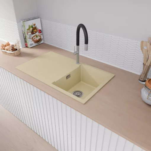 HD Onyx Beige 86 egymedencés mosogatótálca, csepegtetőtálcával, soft bézs színben, szálcsiszolt króm leeresztő szifonnal