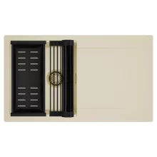 HD Onyx Beige 86 egymedencés mosogatótálca szett, matt fekete csepegtetőráccsal és kosárral, csepegtetőtálcával, soft bézs színben, szálcsiszolt arany leeresztő szifonnal