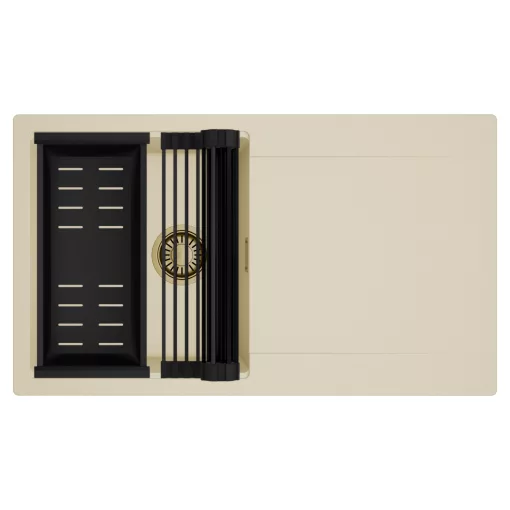 HD Onyx Beige 86 egymedencés mosogatótálca szett, matt fekete csepegtetőráccsal és kosárral, csepegtetőtálcával, soft bézs színben, szálcsiszolt arany leeresztő szifonnal