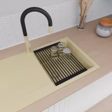 HD Onyx Beige 86 egymedencés mosogatótálca szett, matt fekete csepegtetőráccsal és kosárral, csepegtetőtálcával, soft bézs színben, szálcsiszolt arany leeresztő szifonnal