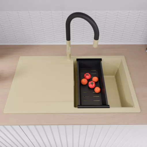 HD Onyx Beige 86 egymedencés mosogatótálca szett, matt fekete csepegtetőráccsal és kosárral, csepegtetőtálcával, soft bézs színben, szálcsiszolt arany leeresztő szifonnal