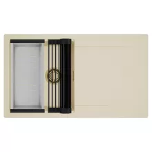 HD Onyx Beige 86 egymedencés mosogatótálca szett, matt fekete csepegtetőráccsal és krómozott kosárral, csepegtetőtálcával, soft bézs színben, szálcsiszolt arany leeresztő szifonnal