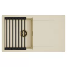 HD Onyx Beige 86 egymedencés mosogatótálca szett, matt fekete csepegtetőráccsal, csepegtetőtálcával, soft bézs színben, szálcsiszolt arany leeresztő szifonnal